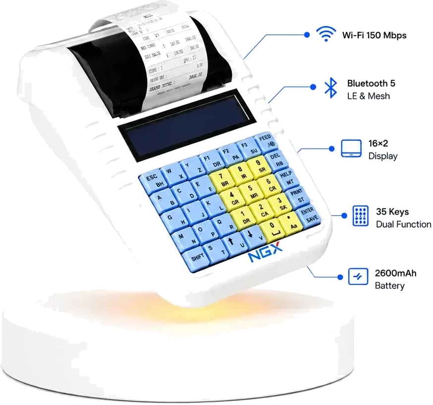 NGX Smart Pro billing machine with Wi-Fi 150 Mbps, Bluetooth 5 LE and Mesh, 16×2 display, 35 dual-function keys and a 2600 mAh battery